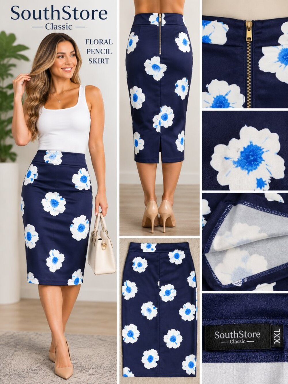 SouthStore Classic XXL Navy Blue White Floral Pencil Skirt NWT Back Zip